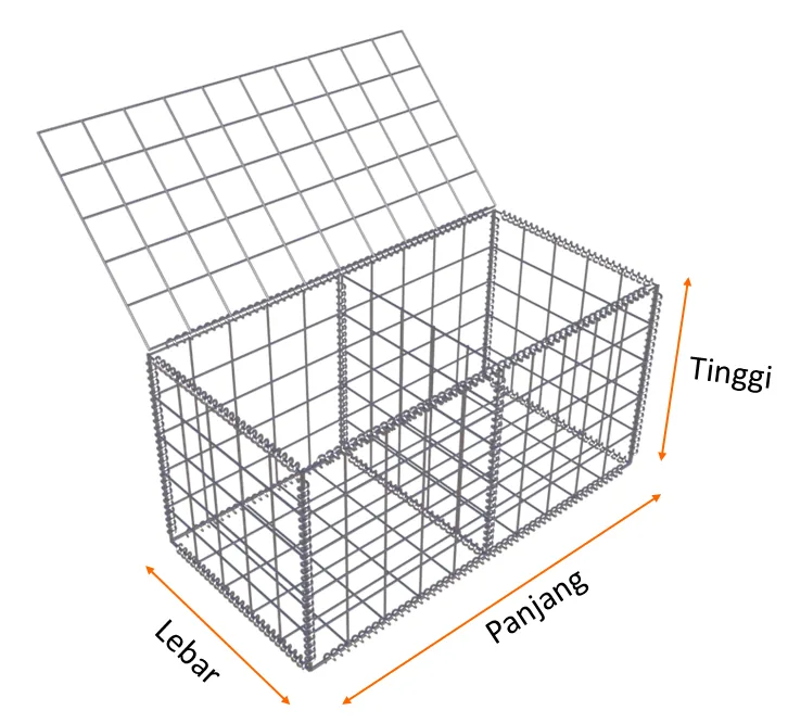 Diagram Bronjong Las Halarag dengan tutup terbuka, sekat diafragma, dan penunjuk panjang, lebar, tinggi