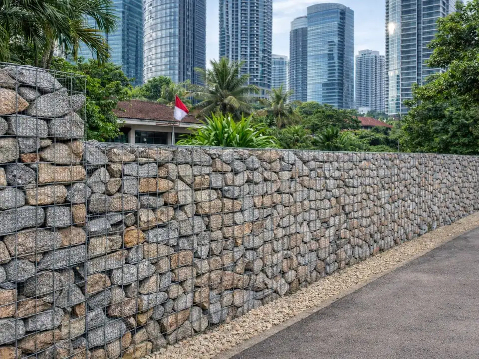Dinding Bronjong Las Halarag berisi batu sebagai elemen landscape di sepanjang jalan