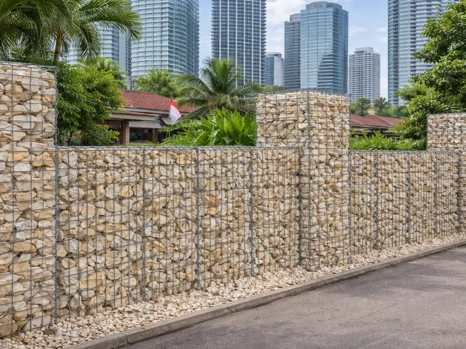 Pagar pembatas dari Bronjong Las Halarag berisi batu dengan kolom bertingkat