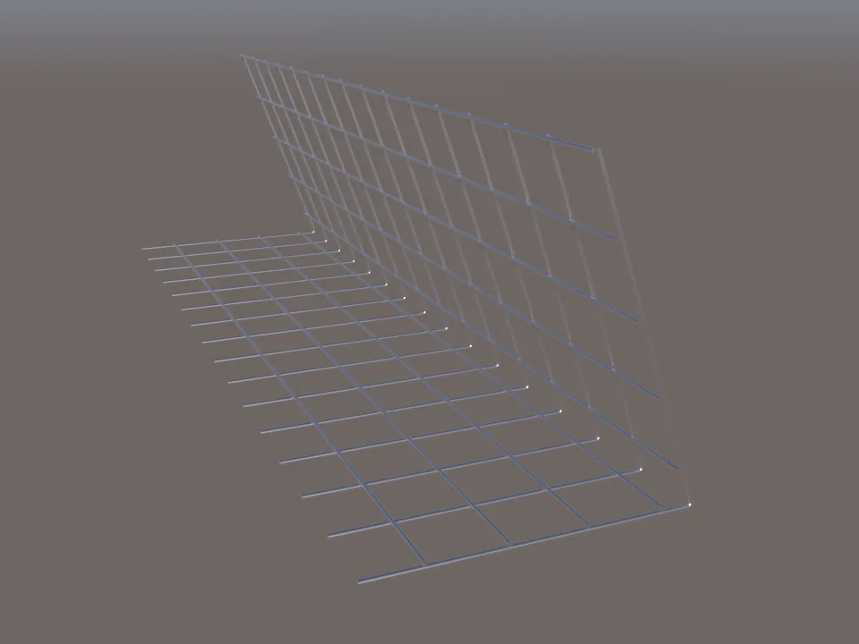 Ilustrasi bentuk panel Facing Mesh Halarag: panel wiremesh yang ditekuk membentuk sudut