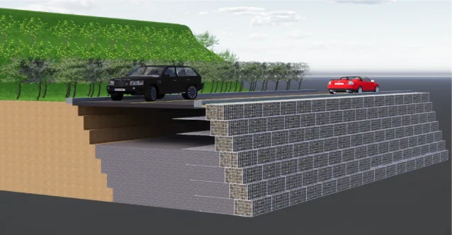 Ilustrasi potongan timbunan jalan yang diperkuat Welded Gabion Reinforce Halarag bertingkat dengan ekor wiremesh di dalam tanah