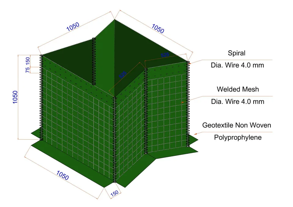 Diagram 1 segmen Wiremesh Defensive Barrier Halarag berukuran 1050 × 1050 × 1050 mm