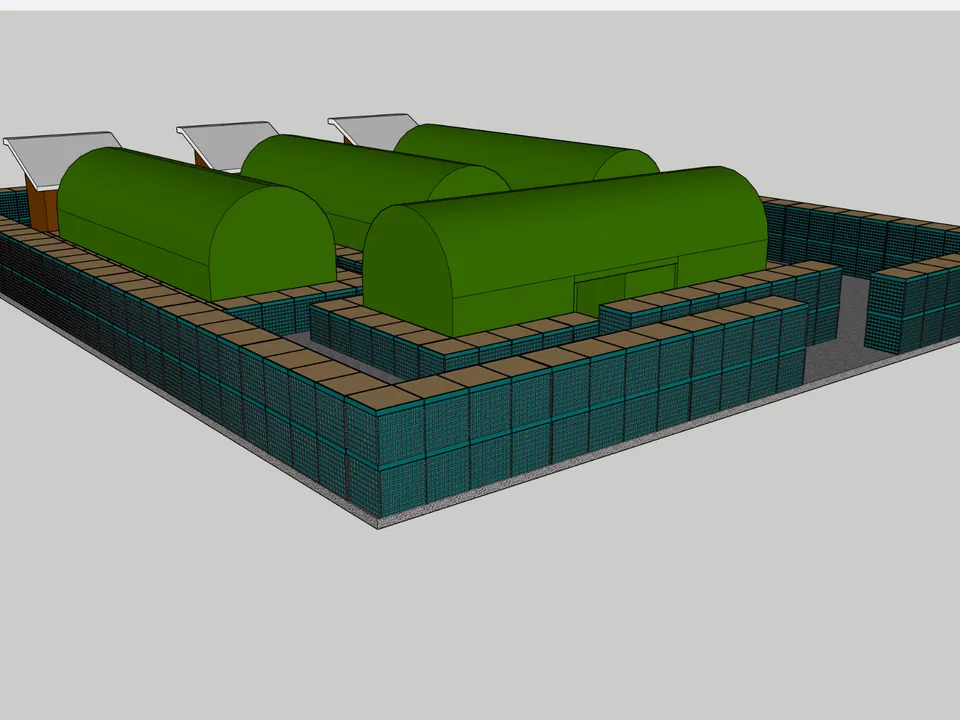 Ilustrasi pos militer yang dikelilingi tanggul barikade dari Wiremesh Defensive Barrier Halarag